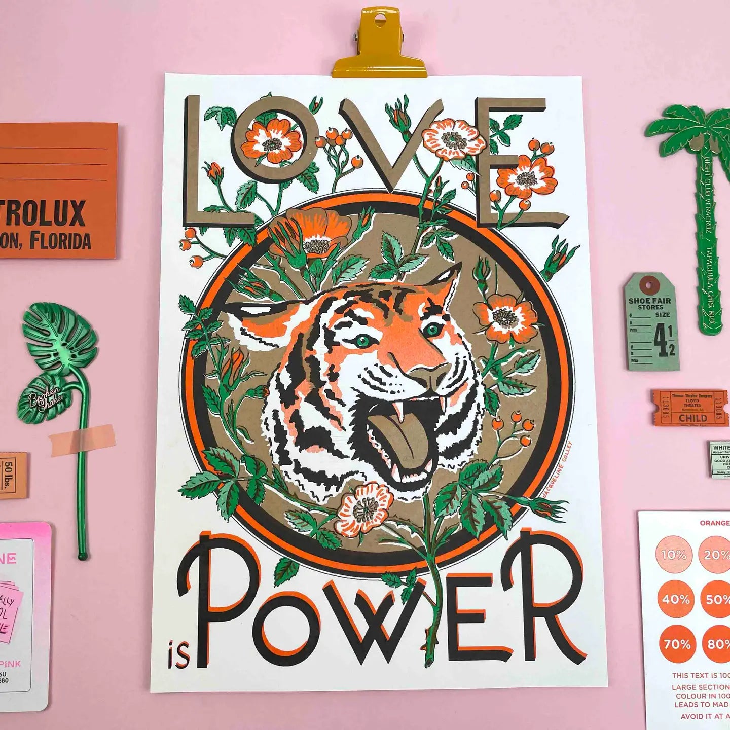 Love is Power, Tiger and Rose Risograph Print