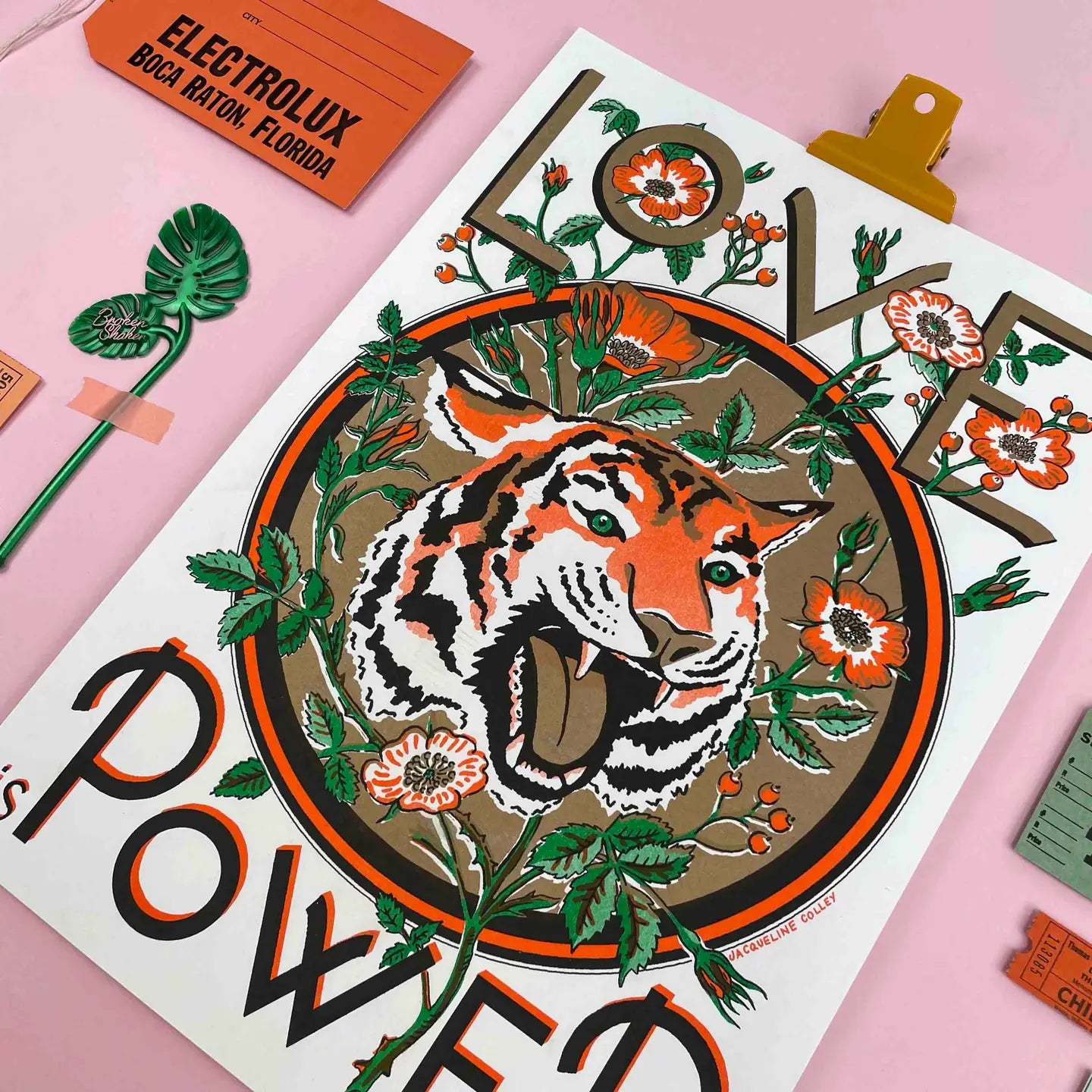 Love is Power, Tiger and Rose Risograph Print