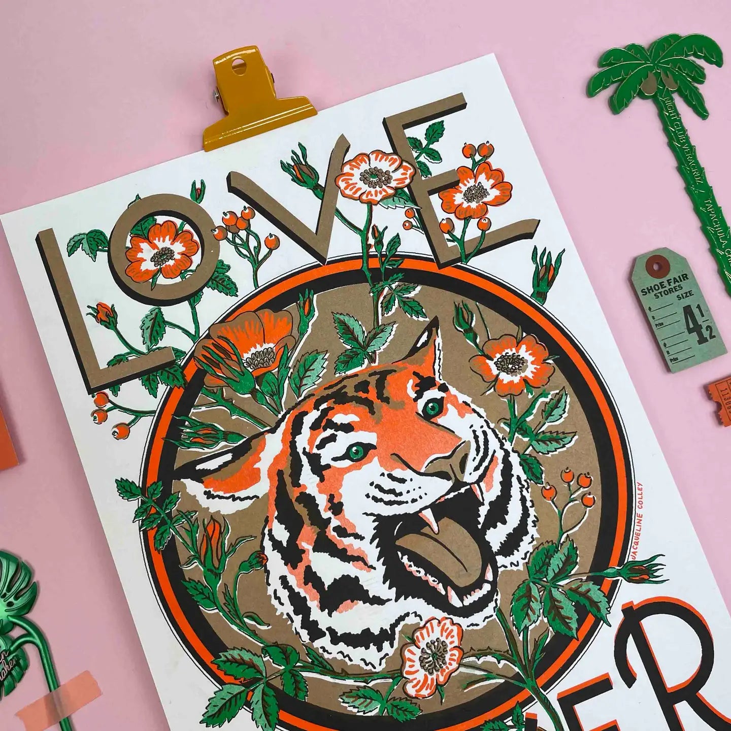 Love is Power, Tiger and Rose Risograph Print