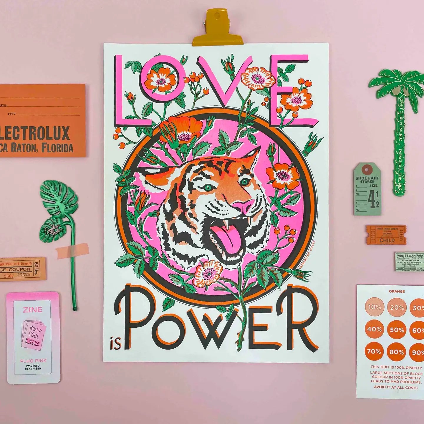 Love is Power, Tiger and Rose Risograph Print