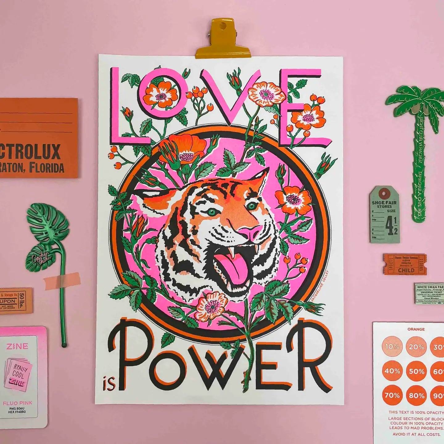 Love is Power, Tiger and Rose Risograph Print