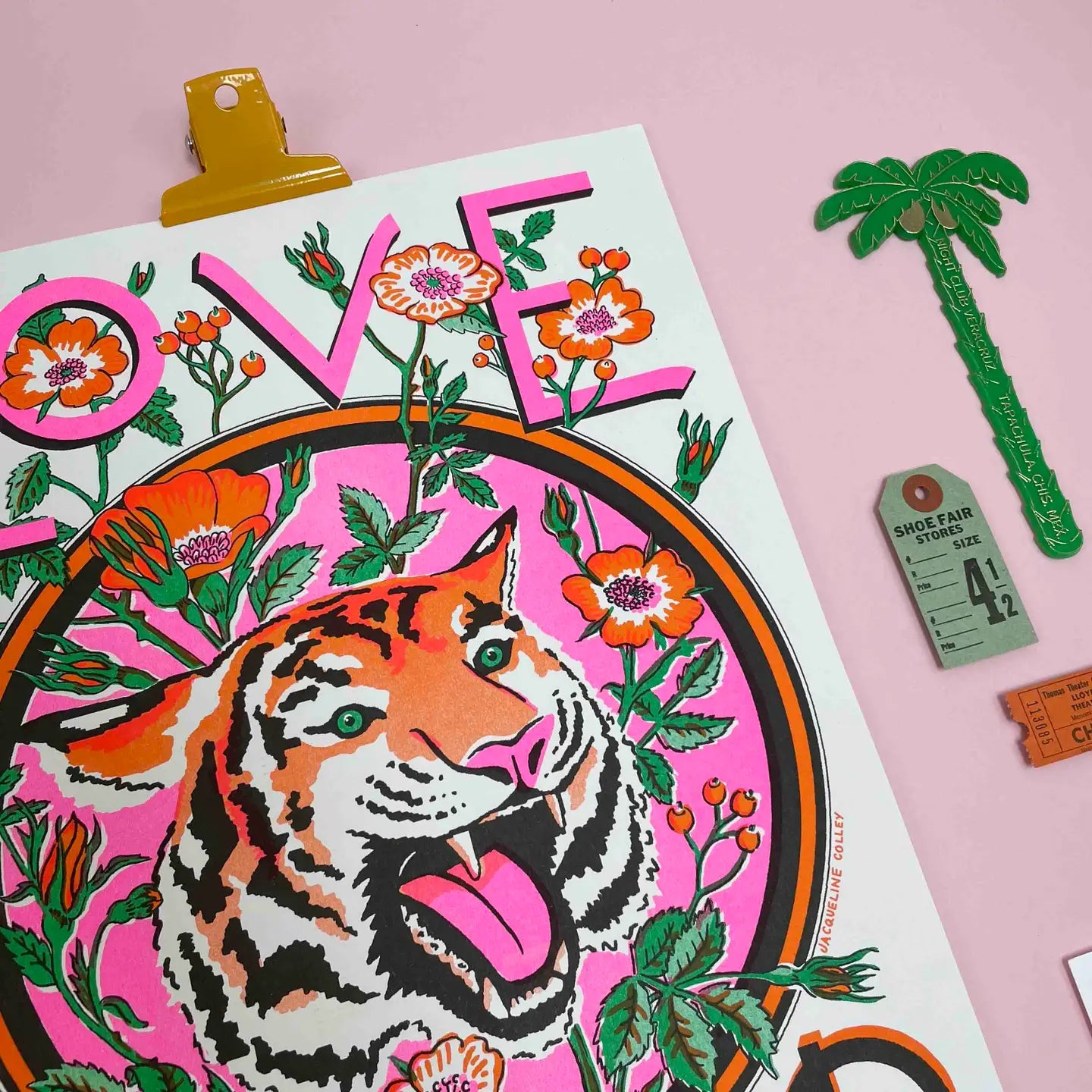 Love is Power, Tiger and Rose Risograph Print