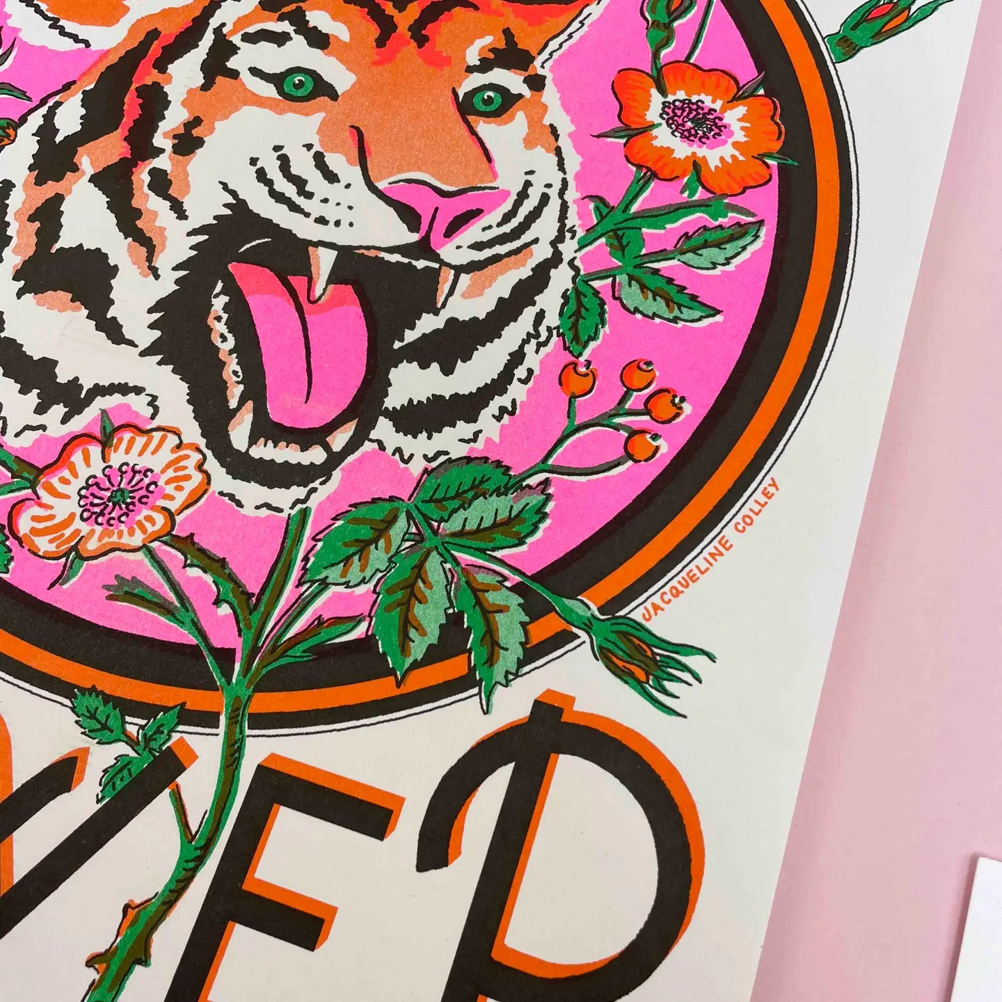 Love is Power, Tiger and Rose Risograph Print