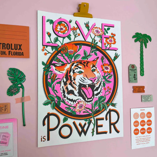 Love is Power, Tiger and Rose Risograph Print